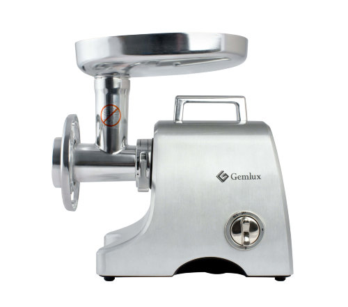 Мясорубка GEMLUX GL-MG5PRO 2 скорости + реверс, стандартная мясорубочная система, 2,7 кг/мин, в комплекте 1 нож и 3 решетки из нерж.стали, 2 насадки для колбасок, материал корпуса - алюминий