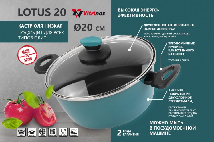 Кастрюля низкая с крышкой Vitrinor Lotus 20