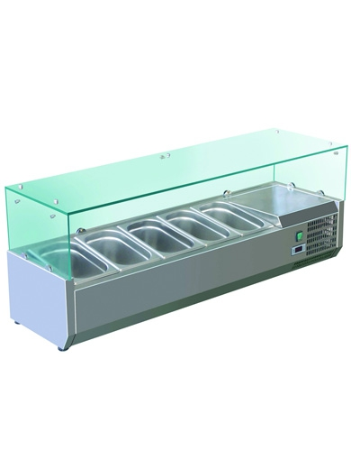 Витрина GASTRORAG VRX 1500/380 настольная, охлаждаемая, +2...+8оС, размеры гнезда 1145х305х155 мм, вместимость  5 GN 1/3 + 1 GN 1/2, прямое стекло, нерж.сталь 304