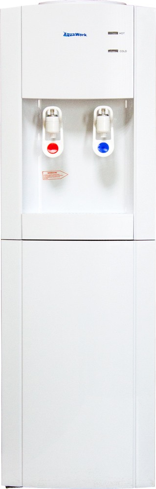 Кулер для воды Aqua Work V901 белый компрессорный Напольный кулер для воды Aqua Work V901 с нагревом, компрессорным охлаждением, белым стальным корпусом и миниатюрным шкафчиком для хранения.