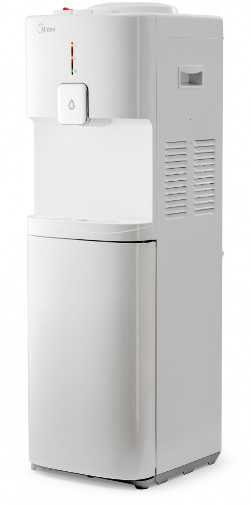 Кулер Midea YL1662S-B с холодильником Минибар (холодильник) на 16 л/Общий кран на три вида воды/Объем бака холодной воды – 3 л/Ручки на боковых частях корпуса облегчают перенос аппарата/Количество пользователей – до 20