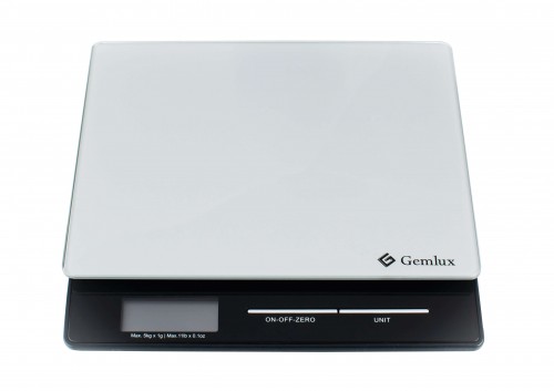 Весы кухонные GEMLUX GL-KS865G электронные, кнопочное управление, ЖК-дисплей, 5 кг х 1 г, сброс веса тары, индикация перегрузки и разрядки батарей, автоотключение, платформа - стекло, корпус - пластмасса